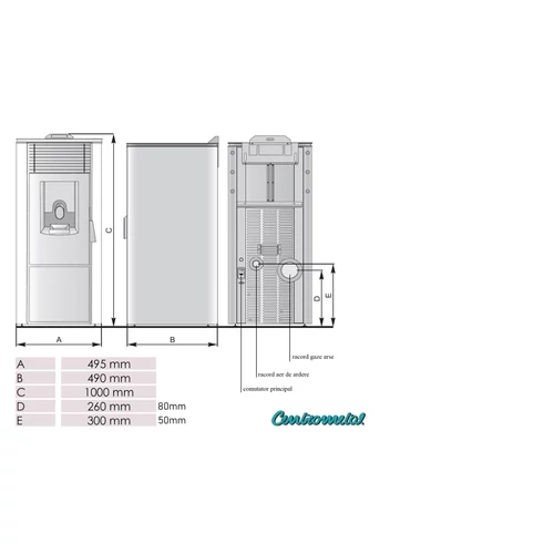 Sobă pe peleți cu aer cald CENTROMETAL CENTROPELET Z12, 9 kW, burgundă