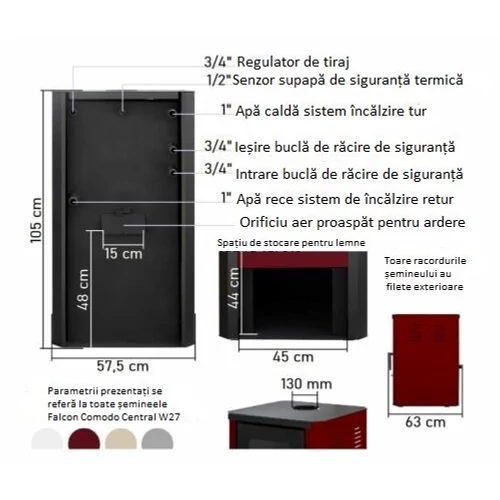 Termosemineu pe lemne FALCON MONZA COMODO Central W27 cu cameră de apă (27 kW - burgundia)