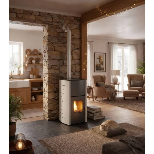 Termosemineu pe peleti WENTOREX GARDA PS-H 25 kw complet echipat pentru incalzire, pompa, vas expansiune, aprindere automata, buncar peleti integrat, culoare burgundă