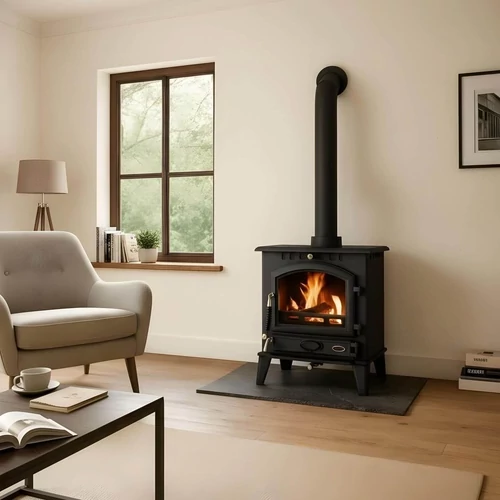 Șemineu din fontă, pe lemne și brichete WENTOREX Novara WS-D, 8 kW, negru mat