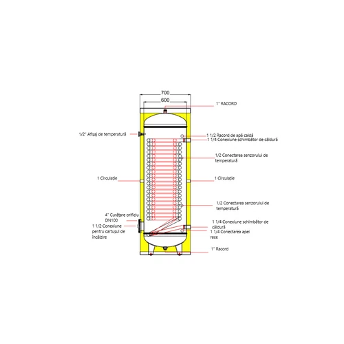 Boiler pentru pompa de caldura cu serpentina marita APAMET HP BOT 500 LT 1S montaj pe sol, izolatie termica, manta de protectie , flansa de vizitare